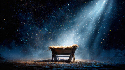 Fototapeta premium A brilliant star shines over the manger where baby Jesus was born. The night sky sparkles as snowflakes fall gently, creating a peaceful atmosphere