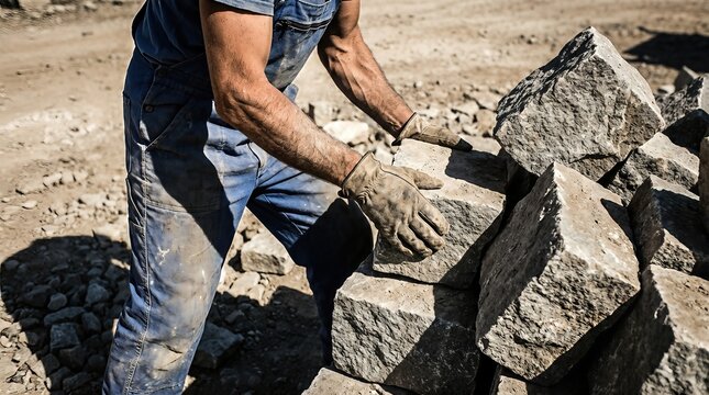 Construction worker with strong arms lifting heavy stones