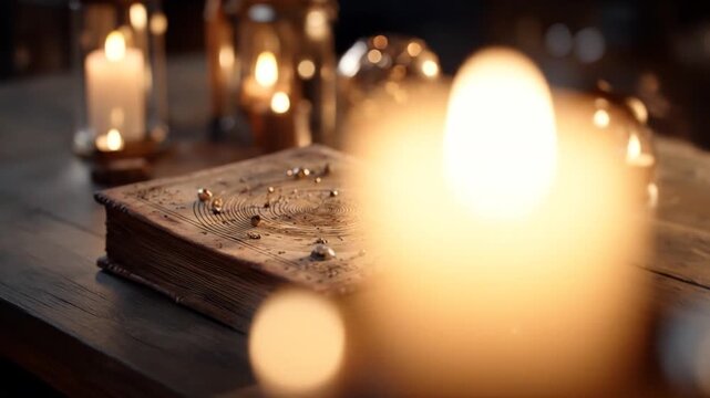 Ancient book with ornate details and candles on wooden tabletop