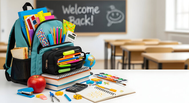A blue backpack overflowing with colorful school supplies, books, and an apple on a desk in a classroom with a "Welcome Back!" blackboard.