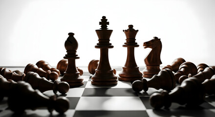 A dramatic close-up of a black chess king and queen standing victorious over fallen pieces on a chessboard.