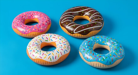 Four colorful inflatable donut-shaped pool floats with sprinkles and icing on a bright blue background.