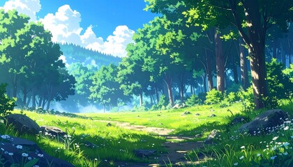 A lush green field stretches towards a dense forest under a bright blue sky dotted with fluffy white clouds
