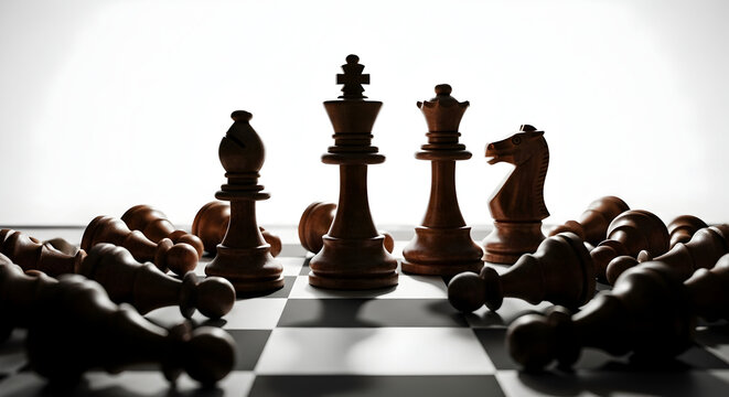 A dramatic close-up of a black chess king and queen standing victorious over fallen pieces on a chessboard.