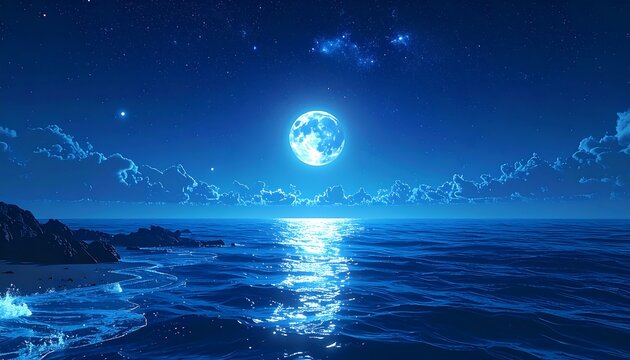 A serene nocturnal seascape with a bright full moon illuminating calm water, rocky shore, and starry sky