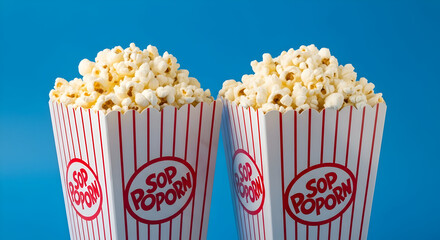 Two classic popcorn boxes filled with fluffy, buttery popcorn, ready for a movie night.