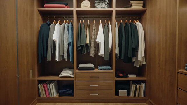 Spacious wooden walk in closet with neatly organized clothing.