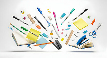 Colorful office and school supplies like pens, pencils, and notebooks flying in mid-air against a white background.