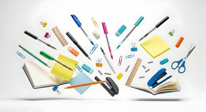 Colorful office and school supplies like pens, pencils, and notebooks flying in mid-air against a white background. - Powered by Adobe