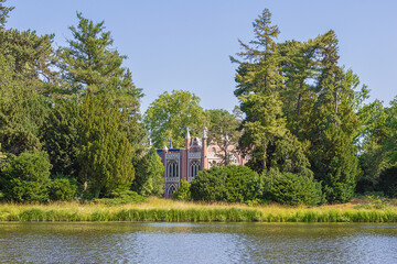 Side view of the Gothic House in Worlitz Park, in the middle of an English landscape garden