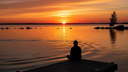 A serene silhouette of a person at sunset by the lake.