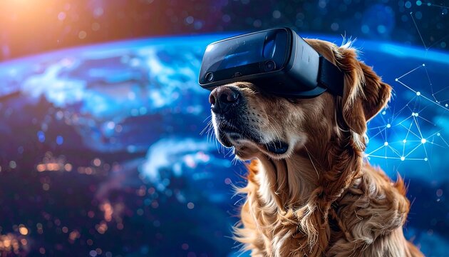A golden retriever wears a VR headset against a background of blurred lights resembling a planetary view - Powered by Adobe