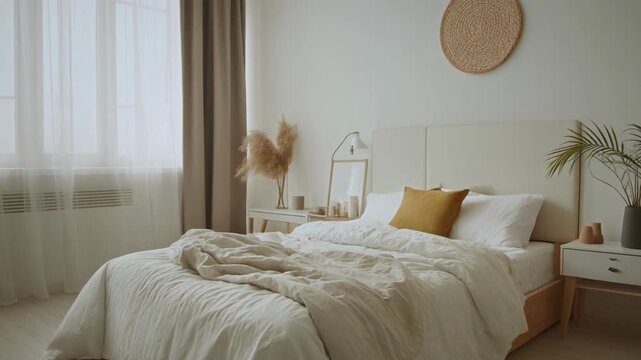 Cozy modern bedroom with soft natural light and minimalist decor.