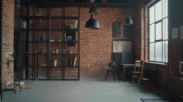 Empty industrial loft with brick walls and large windows.