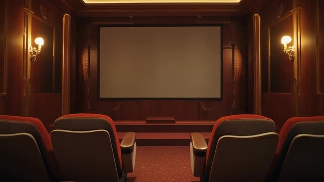 Cozy cinema theater interior with red seating and screen.