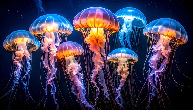 A cluster of jellyfish glows vividly with bioluminescent hues against a dark, starry ocean backdrop