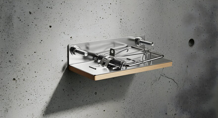 A collection of shiny metal mechanical parts arranged on a shelf mounted to a concrete wall.