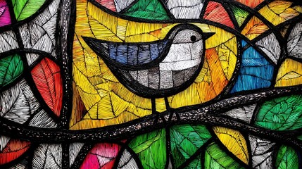 A stylized bird perched on a branch, set against a background of colorful stained glass patterns resembling leaves and abstract shapes. The artwork features bol