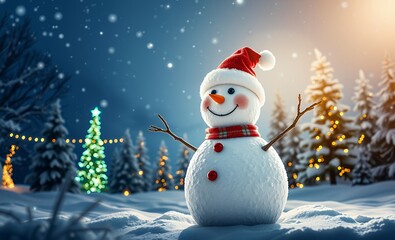 Happy snowman in winter wonderland with trees and lights christmas background christmas holiday background winter decoration celebration
