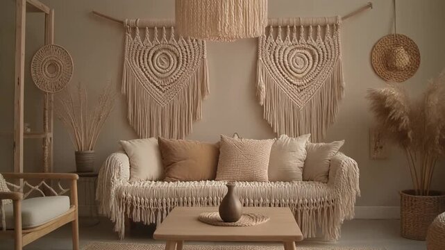 Cozy Boho Living Room With Macrame Wall Hangings.