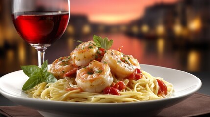 A steaming plate of shrimp pasta is artfully arranged with fresh basil on top. A glass of red wine complements the dish, showcasing a vibrant sunset over the water in the background
