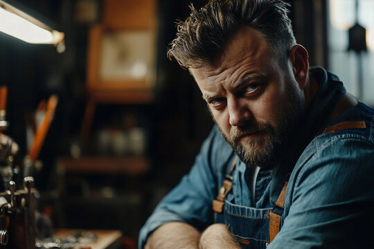 Generative AI portrait of confident young male jeweler in creative studio workshop setting with soft warm lighting