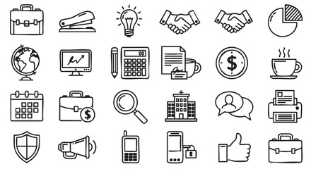 Business and office icon set in hand drawn style vector