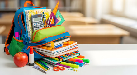 A colorful backpack overflowing with school supplies on a desk in a classroom setting, ready for back to school.
