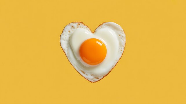 Heart shaped fried egg on yellow background for breakfast concept - Powered by Adobe