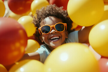 Joyful smiling playful kid enjoying summer holiday, adorable happy child close-up portrait, generative ai