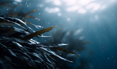 Fototapeta premium underwater scene featuring dense black algae strands gently flowing in marine currents, deep ocean blue environment, soft rays of sunlight penetrating from above, tiny air bubbles rising, glossy wet 