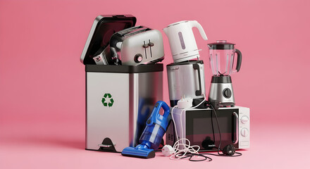 Pile of discarded small appliances and a recycling bin on a pink background.