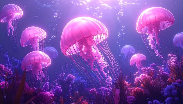 A serene underwater view showcases pink jellyfish floating above coral and algae, bathed in soft, ethereal light