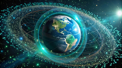 Global network connection data surrounding planet earth sphere