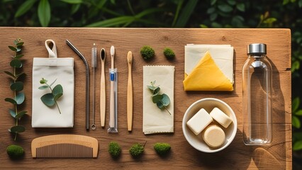 Eco Friendly Reusable Products on Wooden Table With Greenery