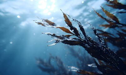 Fototapeta premium underwater scene featuring dense black algae strands gently flowing in marine currents, deep ocean blue environment, soft rays of sunlight penetrating from above, tiny air bubbles rising, glossy wet 