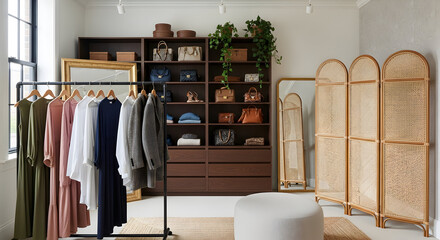 A stylish and organized walk-in closet or dressing room featuring a clothing rack, wooden shelves with handbags, mirrors, and a rattan screen.