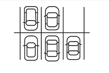 Obraz premium Minimalist overhead view of five cars parked in a structured grid pattern parking lot