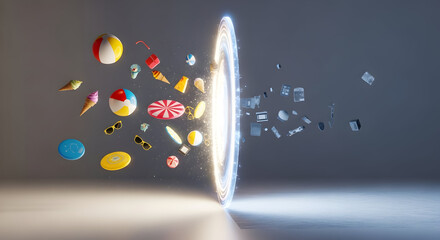 A glowing portal emitting various summer-themed objects against a dark background.