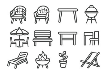 Set of garden furniture, patio seating, and barbecue equipment for outdoor living