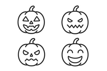 Set of four Halloween jack-o'-lantern outline icons showing various spooky and happy facial expressions