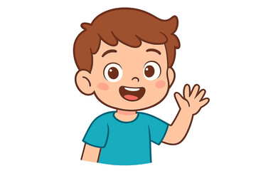 Cheerful young boy waving hand in friendly greeting gesture on white background