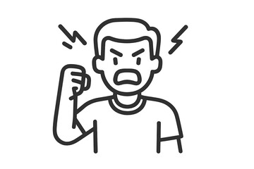 Monochrome outline drawing of an angry man shouting with a raised fist and lightning bolts of rage