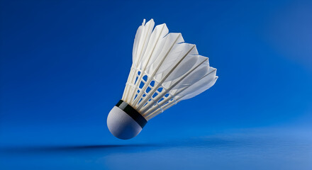 Close-up of a white shuttlecock on a blue background.