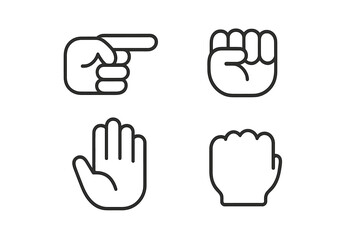 Minimal outline symbols showing common hand gestures including pointing finger and closed fists