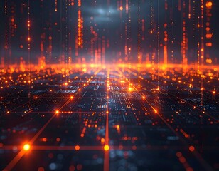 Futuristic digital cityscape with glowing orange lines and dots