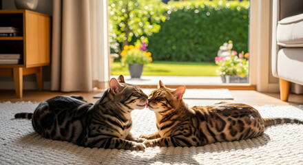 Two Bengal cats touching noses while lying on a rug in front of a bright window.