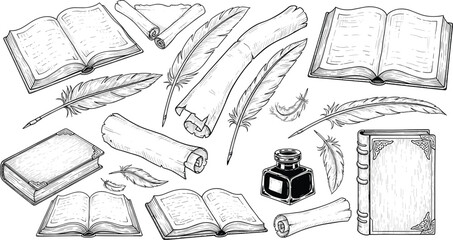 Set of vintage engraved writing tools, including feather quills, parchment scrolls, open and closed books, and ink bottle, isolated vector illustration for education and literature. © Parvej Creatives