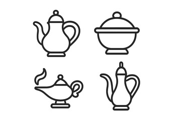 Outline icons of traditional Arabic serving vessels, dallah, teapot, and magic lamp