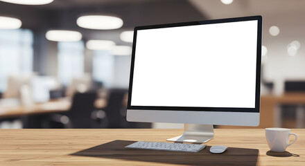 Modern computer with a blank white screen on a wooden desk in a contemporary office setting.